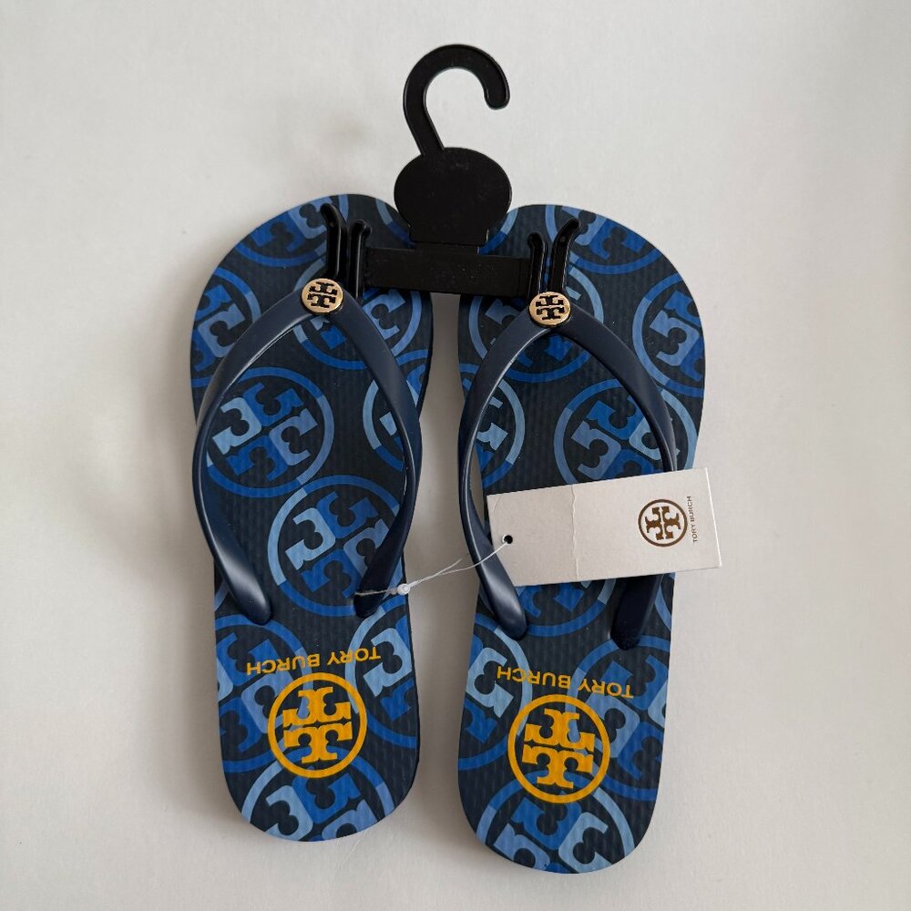 NWT Tory Burch Thin Flip Flop Mixed Logo Blue Sandals Size 5 Summer 10054-K20